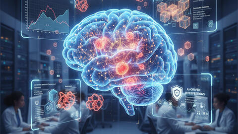 Brain graphic with four screens with digital graphs in the background
