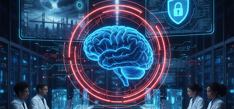 Graphic of a brain with scientists working in the background