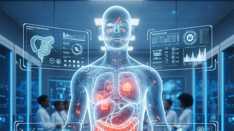 Illustration of a body scan with scientists working in the background