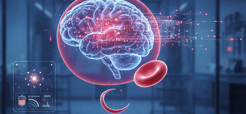 Illustration of a brain and a blood cell against the backdrop of a laboratory