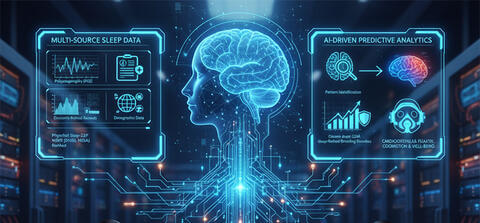 Graphic of a brain with two digital panels on either side showing brain anatomy and data